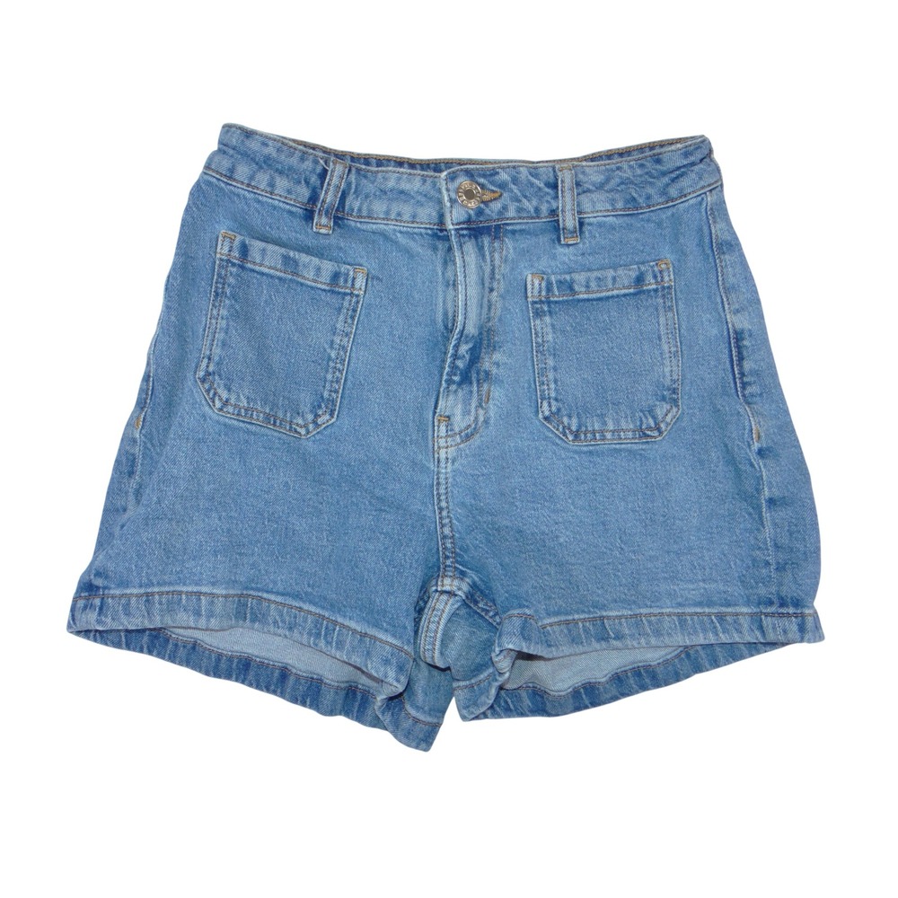 MNG Mango Clea Light Wash High Waisted Denim Patch Pocket Shorts Size 6 Womens